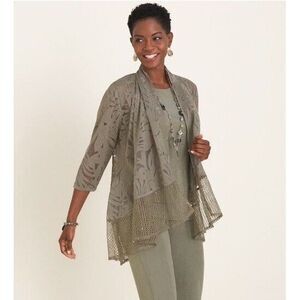 Chico's Travelers Kimono Burnout Jacket Palm Mesh Trim Sage Green Size 4/6 NWT